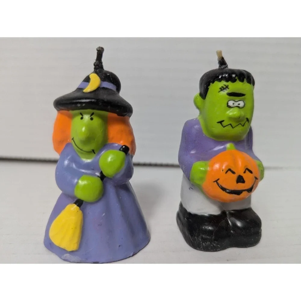 Avon Trick or Treet Halloween candle Witch and‎ Frankensteins Monster 3 inch vtg